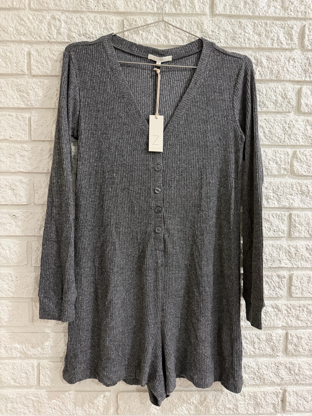 Z Supply Lounge Soft Charcoal Ribbed Long Sleeve PJ Romper